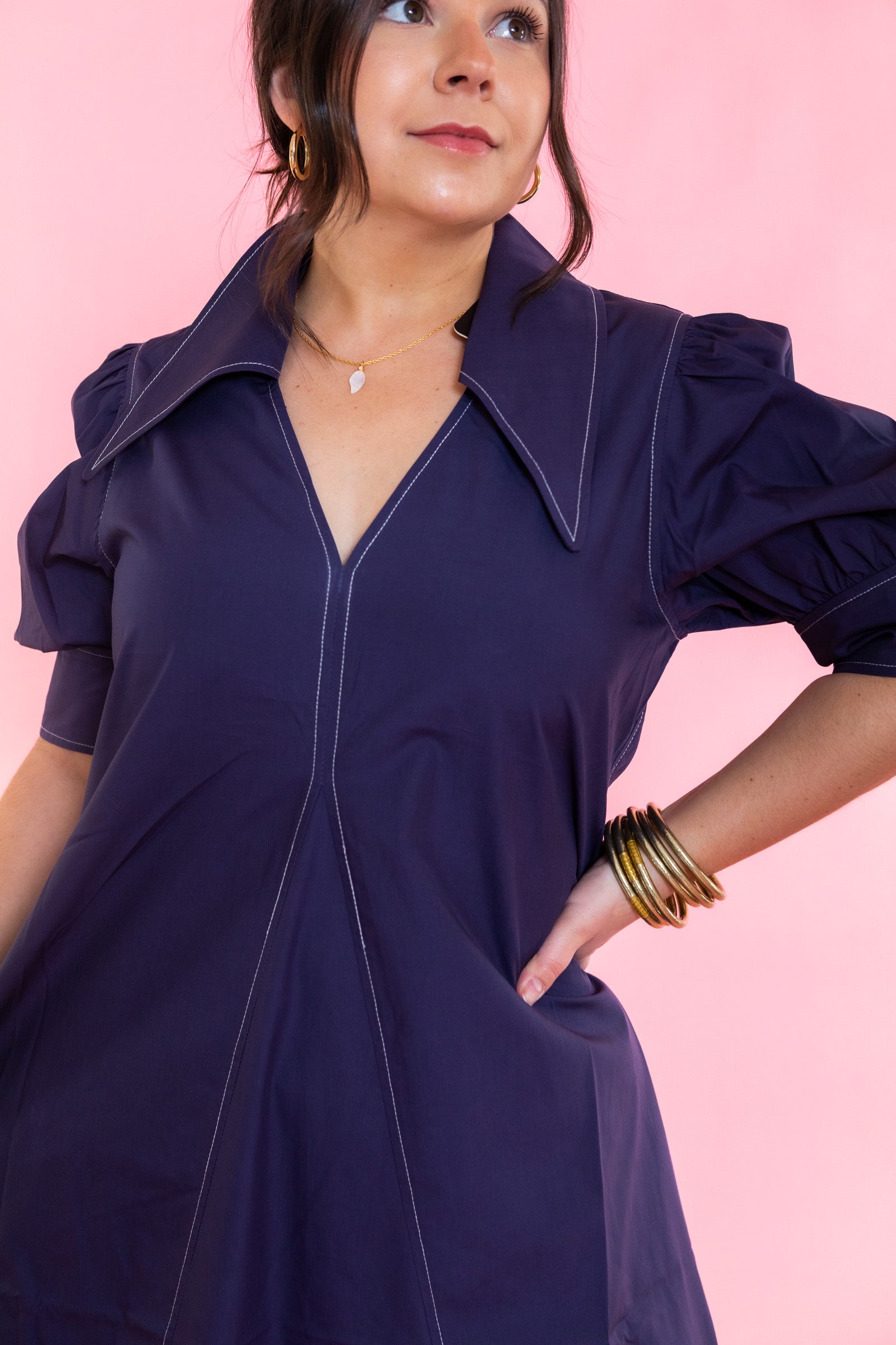 Lior | Amber Pointed Collar Navy Dress