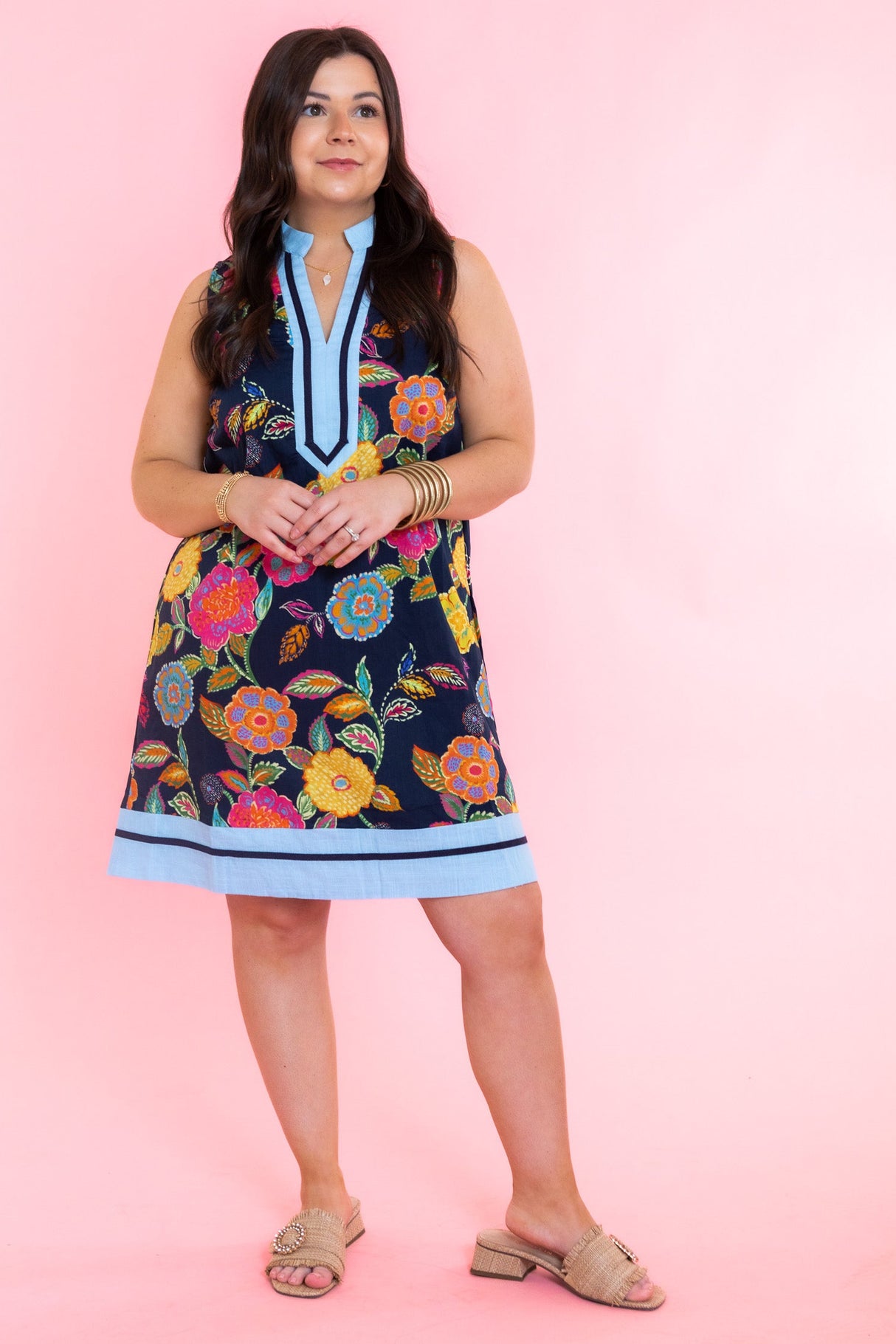 Sleeveless Floral Pattern Navy Dress