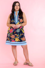 Sleeveless Floral Pattern Navy Dress