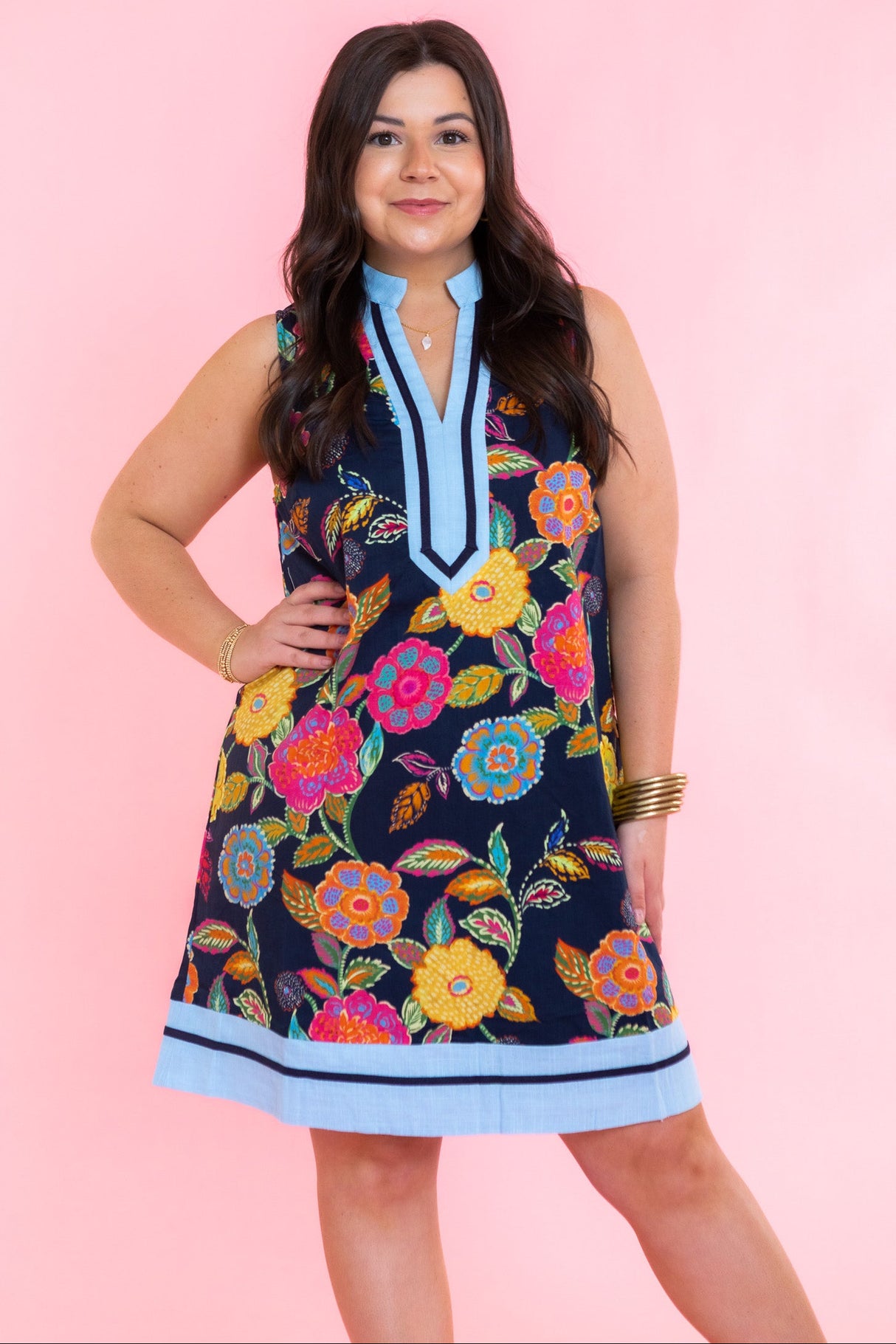 Sleeveless Floral Pattern Navy Dress