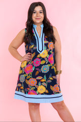 Sleeveless Floral Pattern Navy Dress