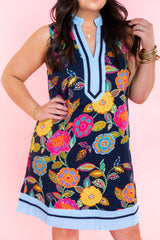 Sleeveless Floral Pattern Navy Dress