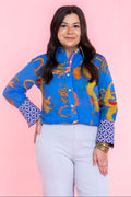 Dizzy Lizzie | 3/4 Sleeve Rome Shirt French Blue Cotton Voile Dragon Print