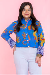 Dizzy Lizzie | 3/4 Sleeve Rome Shirt French Blue Cotton Voile Dragon Print
