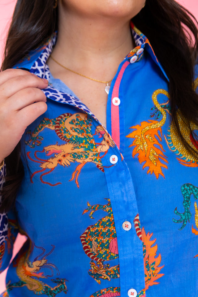 Dizzy Lizzie | 3/4 Sleeve Rome Shirt French Blue Cotton Voile Dragon Print