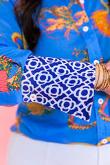 Dizzy Lizzie | 3/4 Sleeve Rome Shirt French Blue Cotton Voile Dragon Print