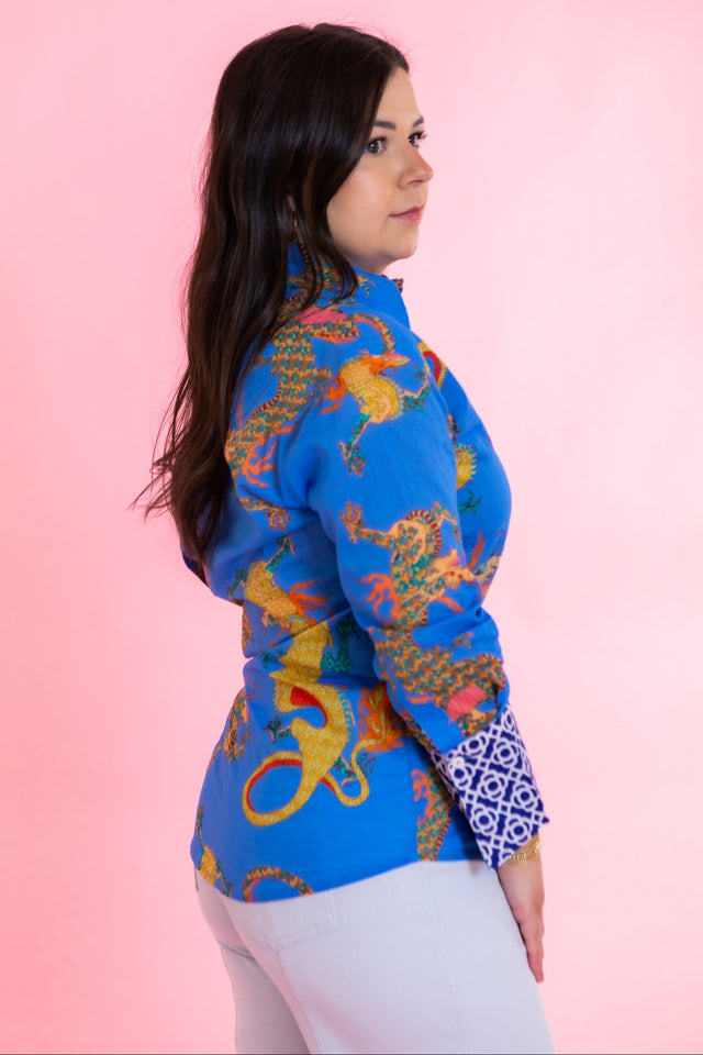 Dizzy Lizzie | 3/4 Sleeve Rome Shirt French Blue Cotton Voile Dragon Print