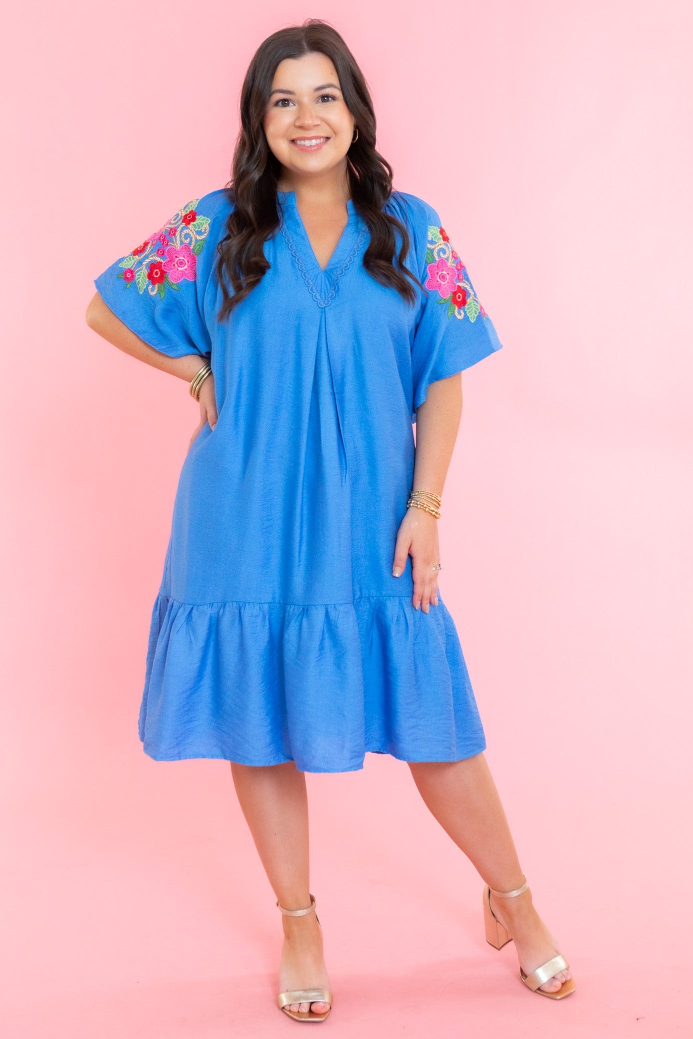 Flare Sleeve Embroidered Mini Dress with Pockets