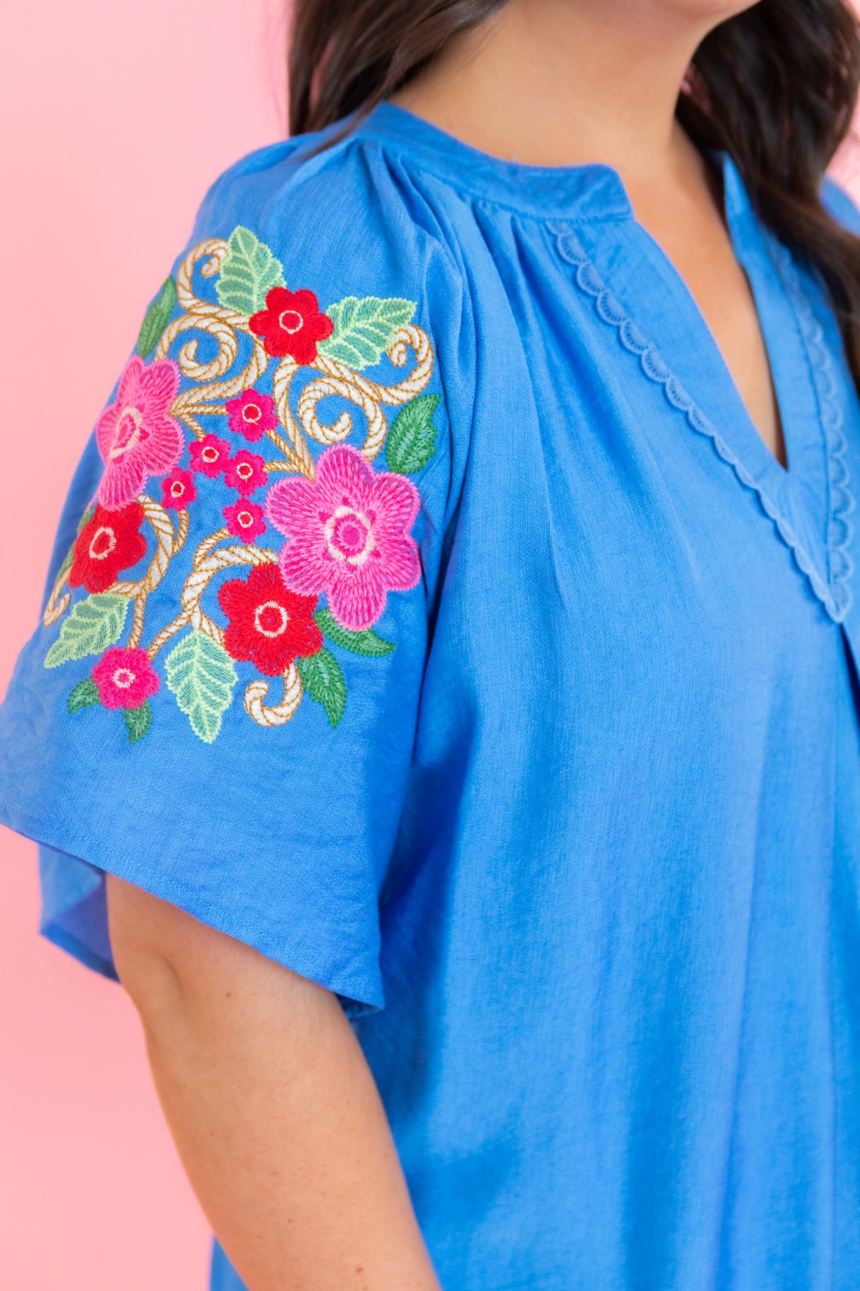 Flare Sleeve Embroidered Mini Dress with Pockets