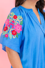 Flare Sleeve Embroidered Mini Dress with Pockets