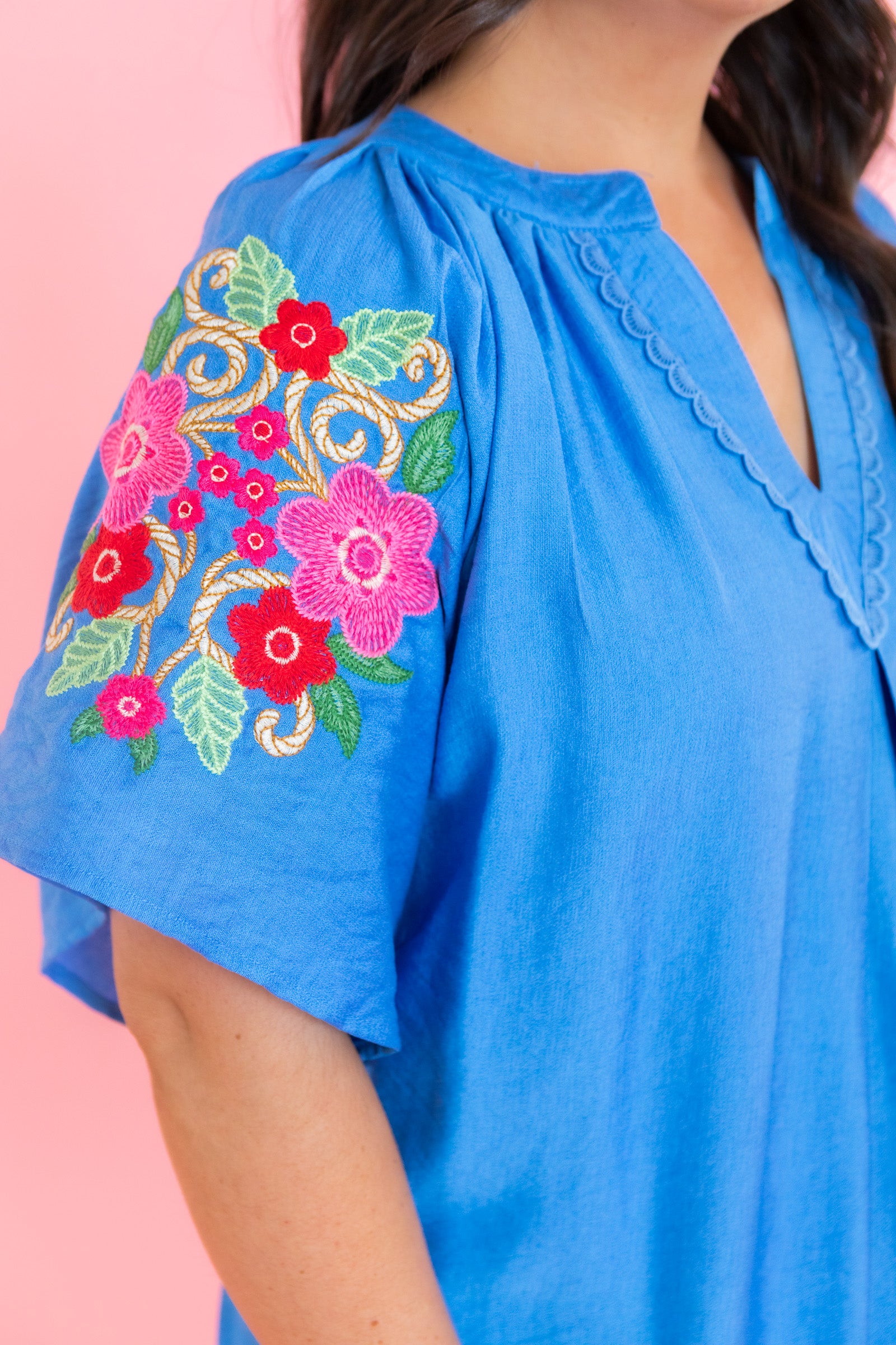 Flare Sleeve Embroidered Mini Dress with Pockets
