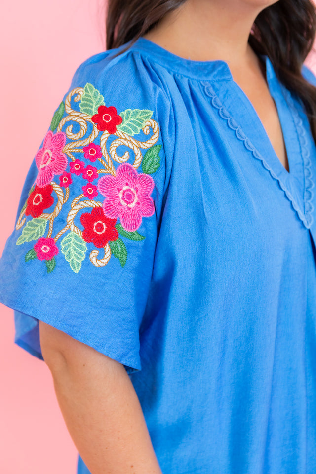 Flare Sleeve Embroidered Mini Dress with Pockets