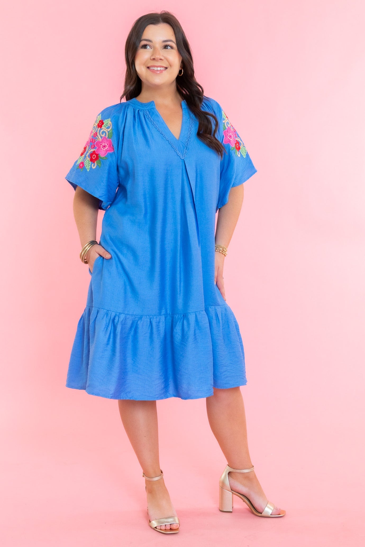Flare Sleeve Embroidered Mini Dress with Pockets