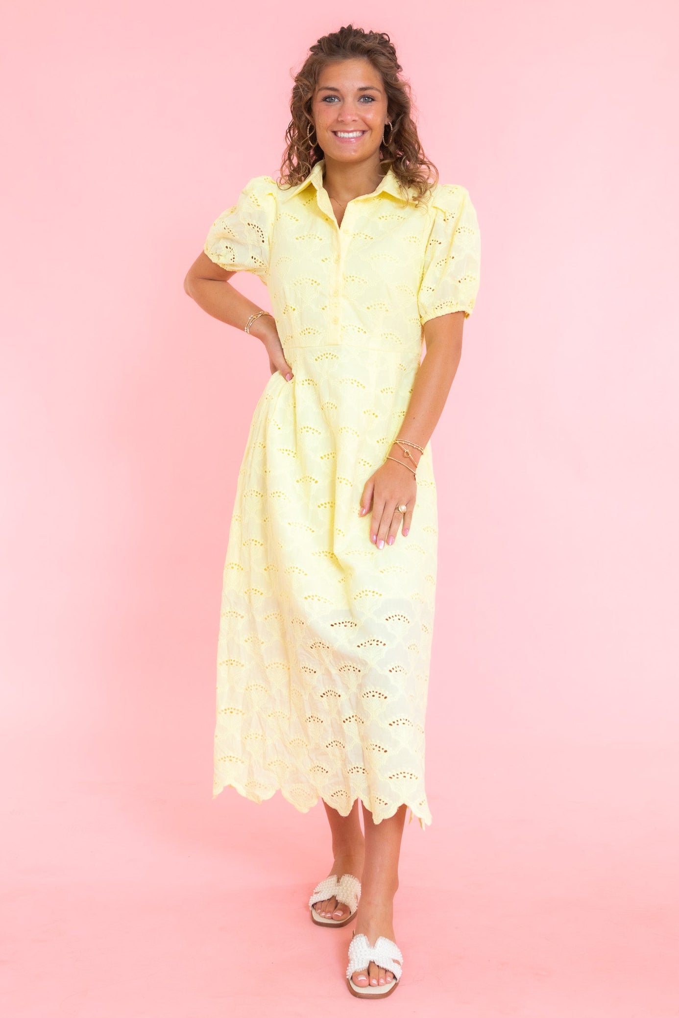 Yellow Eyelet Midi Dress