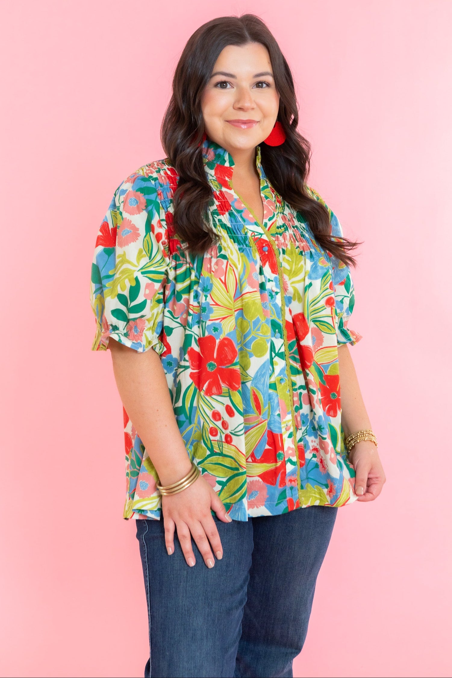 Floral Print Smocked Detail Button Down