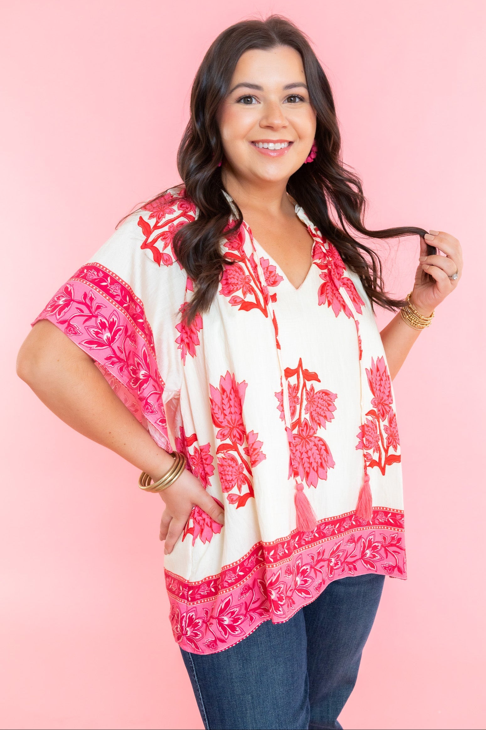Border Print Ruffle Neck Top