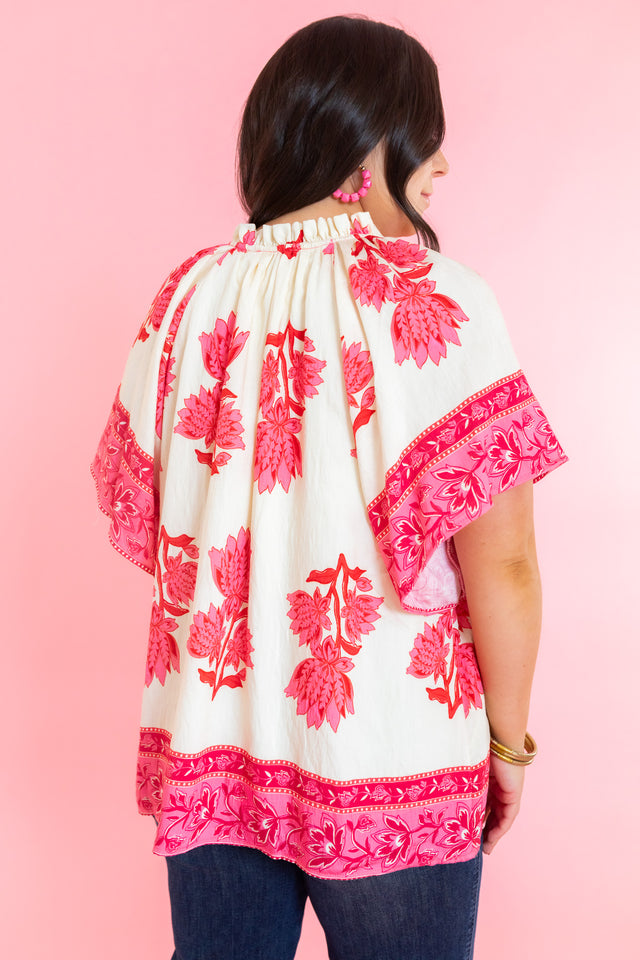 Border Print Ruffle Neck Top