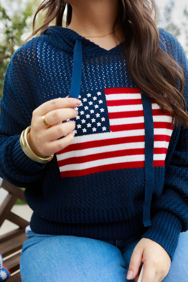 Open Stitch Long Sleeve Hooded Pullover Sweater