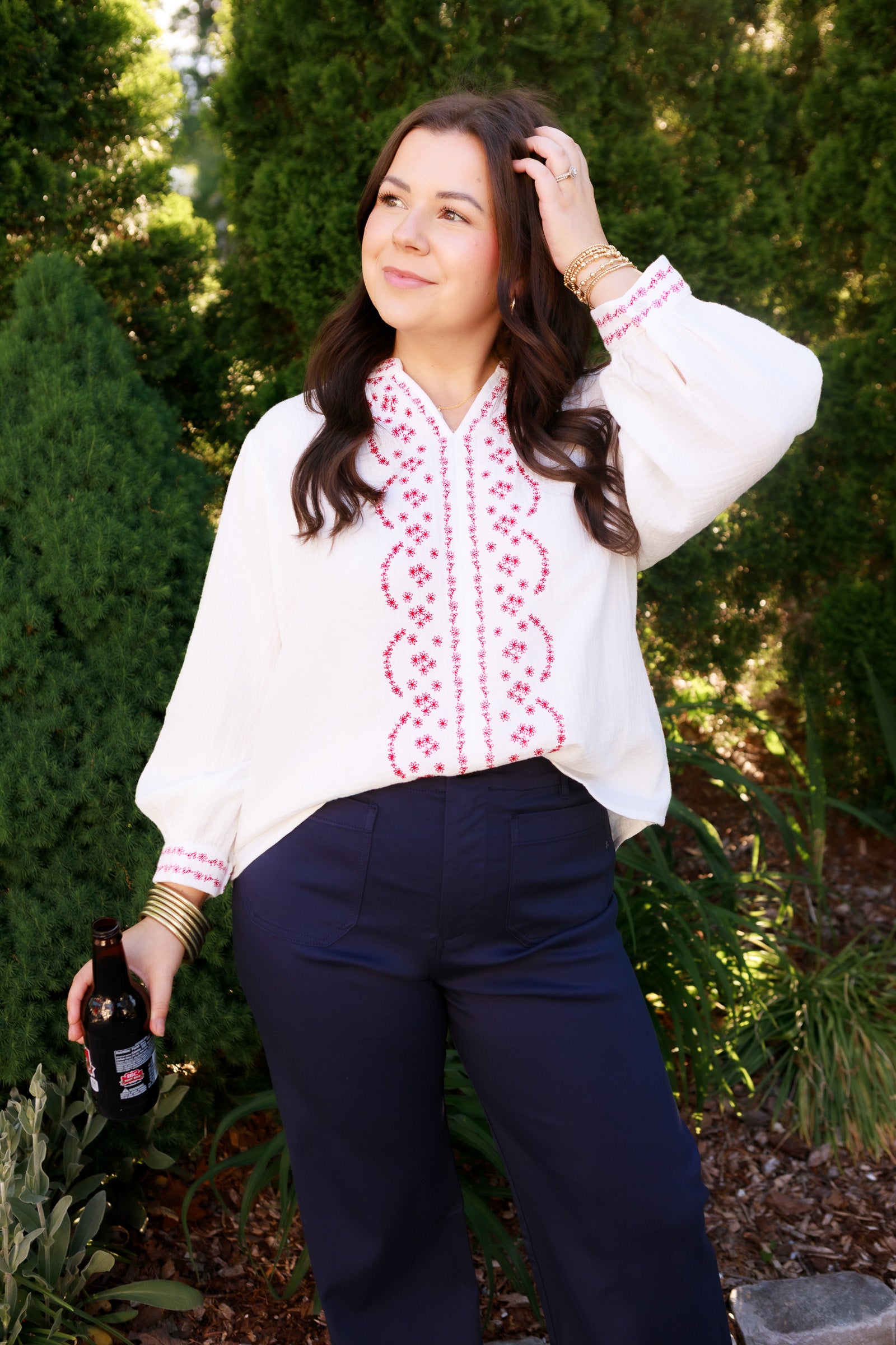 Line-Embroidered Cotton Blouse