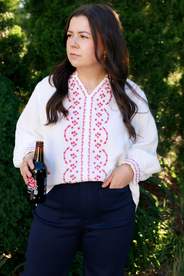 Line-Embroidered Cotton Blouse