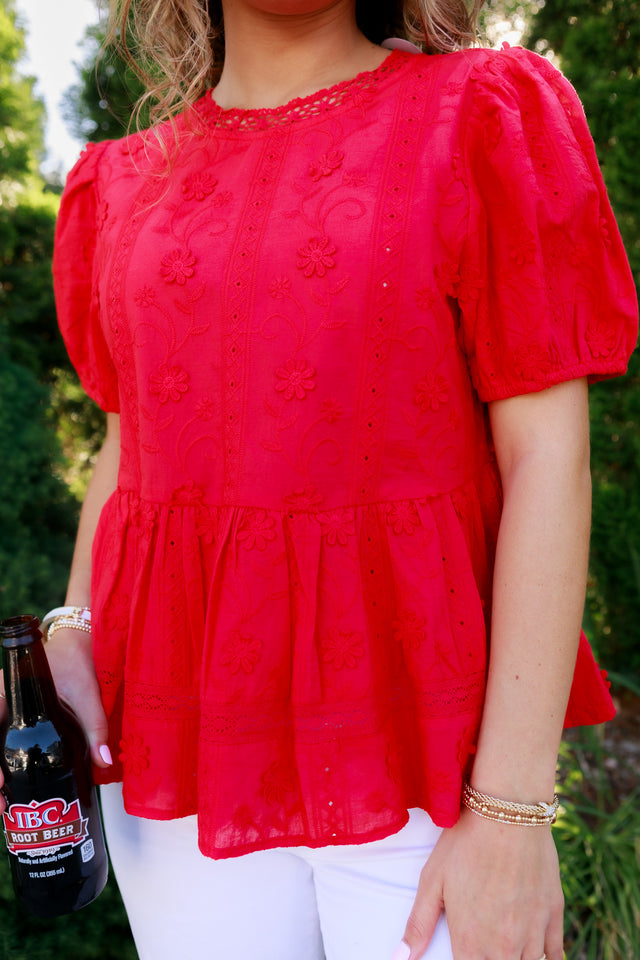 Classic Red Eyelet Peplum Top