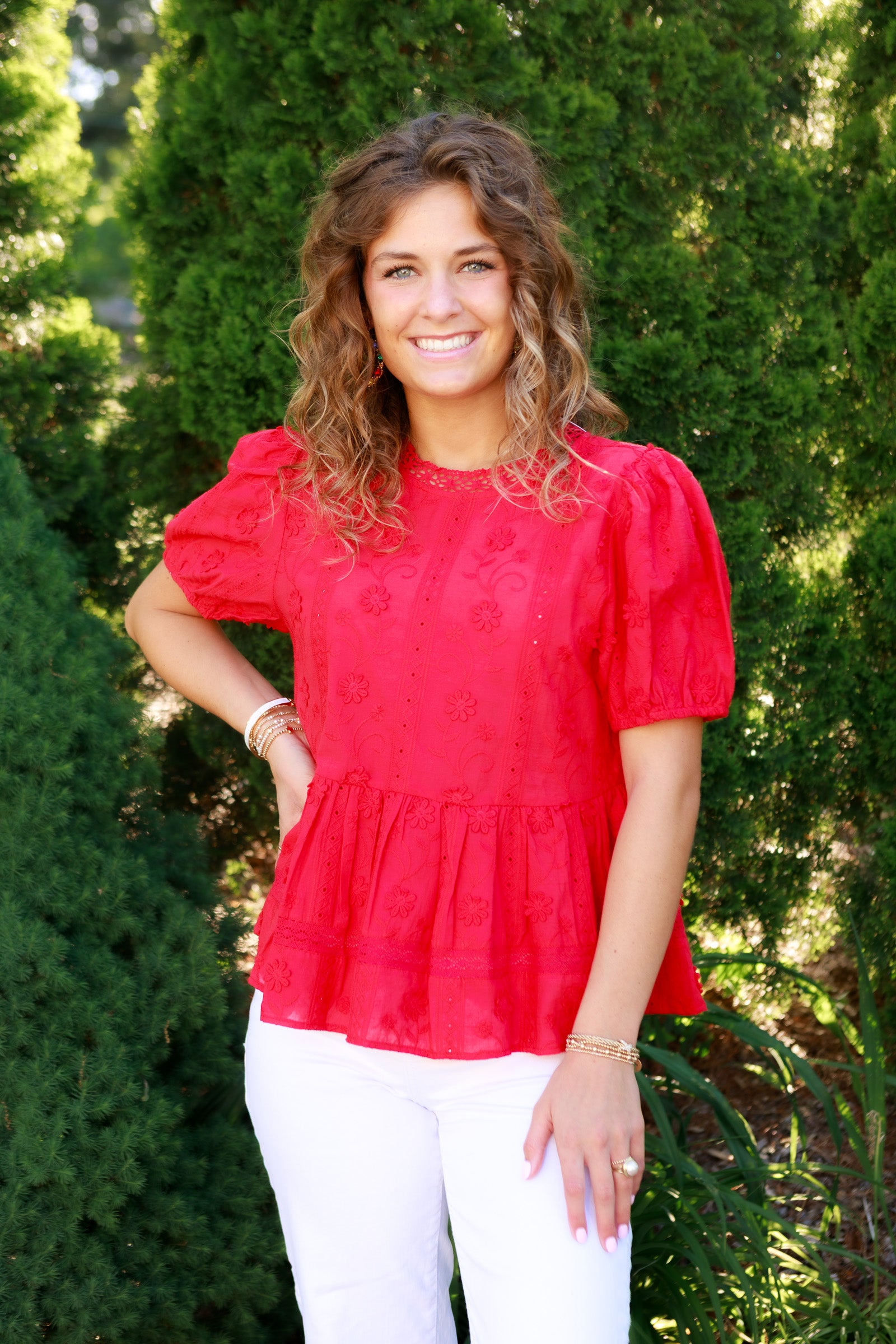 Classic Red Eyelet Peplum Top