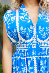 Sleeveless V-Neck Button Down Printed Midi Dress