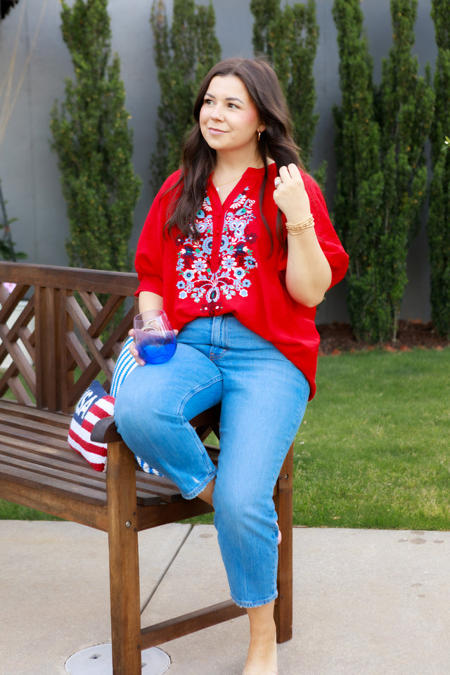 Embroidered Henly Top with Puff Sleeve
