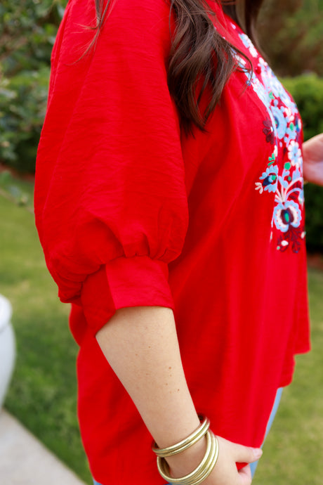 Embroidered Henly Top with Puff Sleeve
