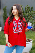 Embroidered Henly Top with Puff Sleeve
