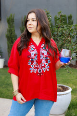 Embroidered Henly Top with Puff Sleeve