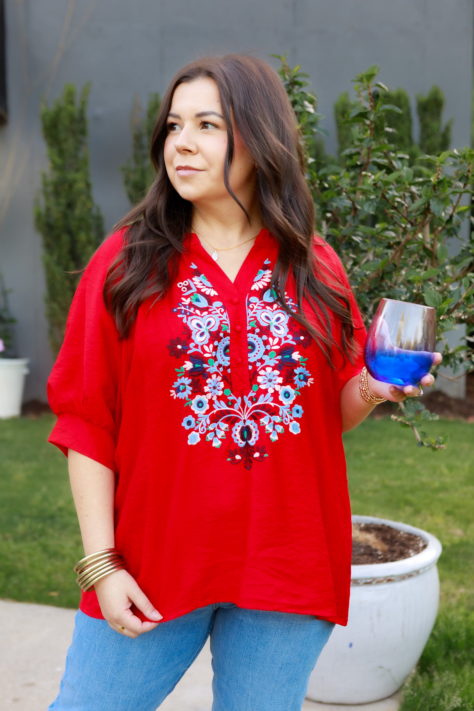 Embroidered Henly Top with Puff Sleeve