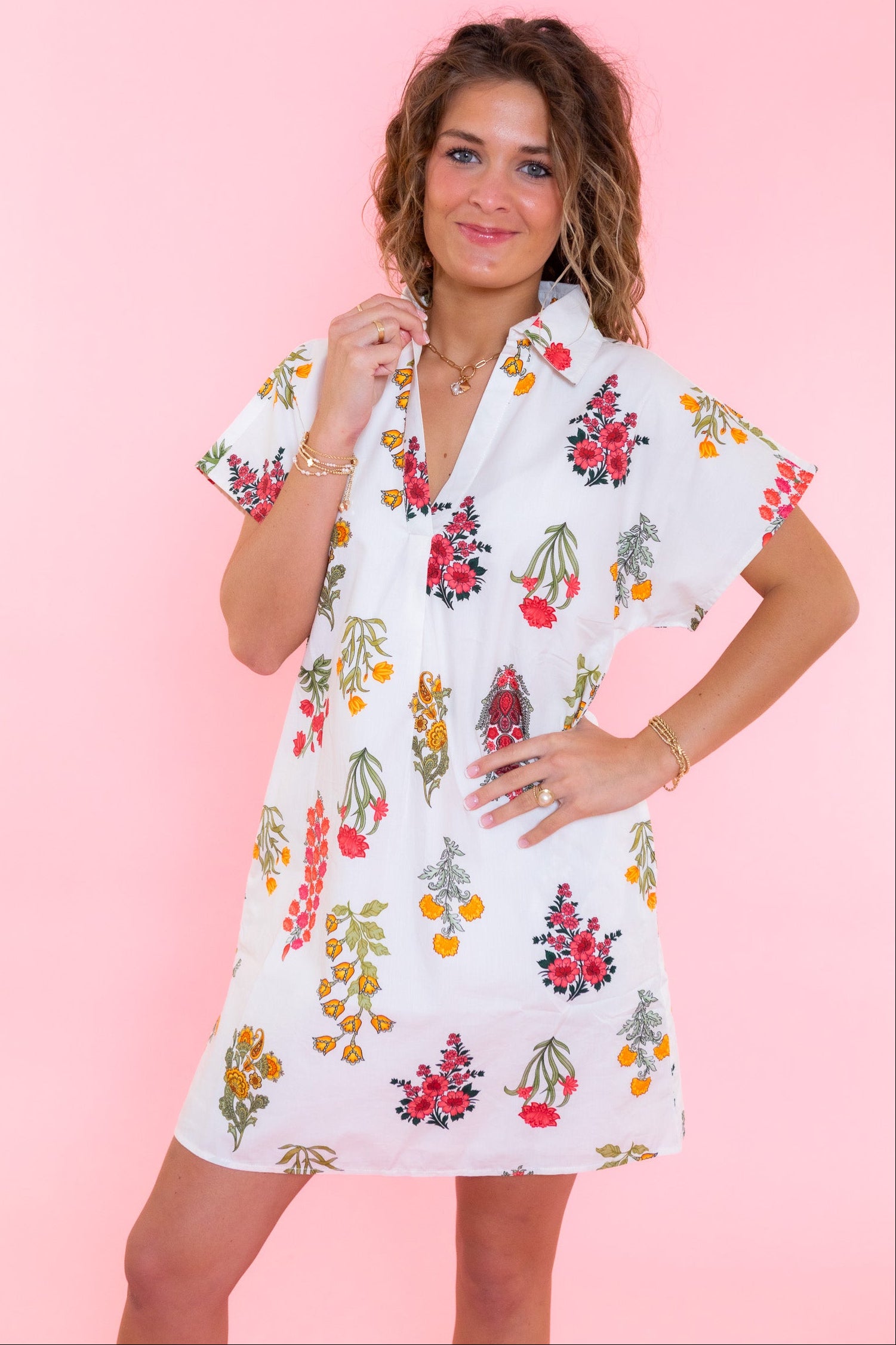 Short Sleeve Floral V-Neck Dress
