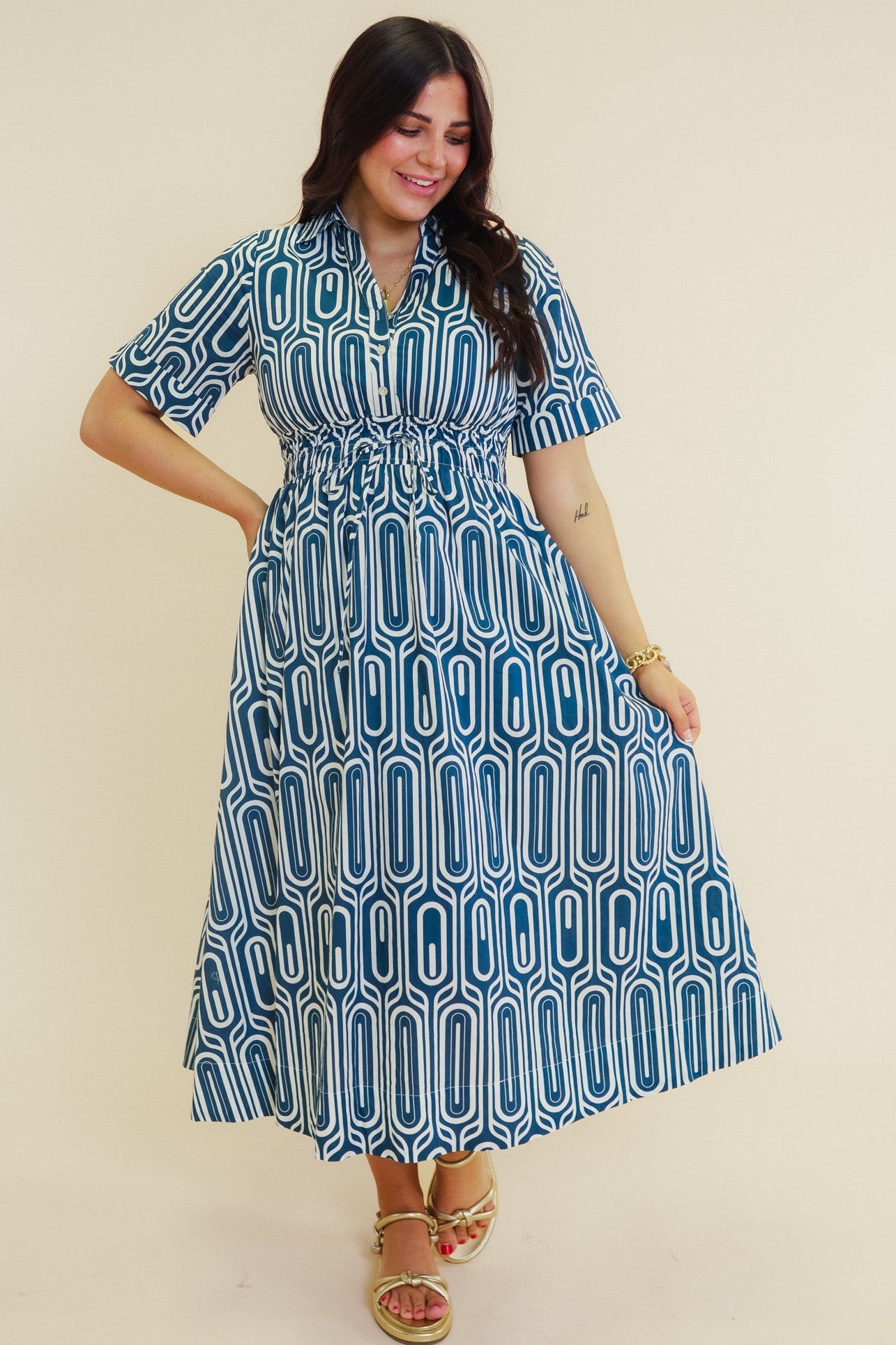 Santorini Geo Print Cotton Midi Dress