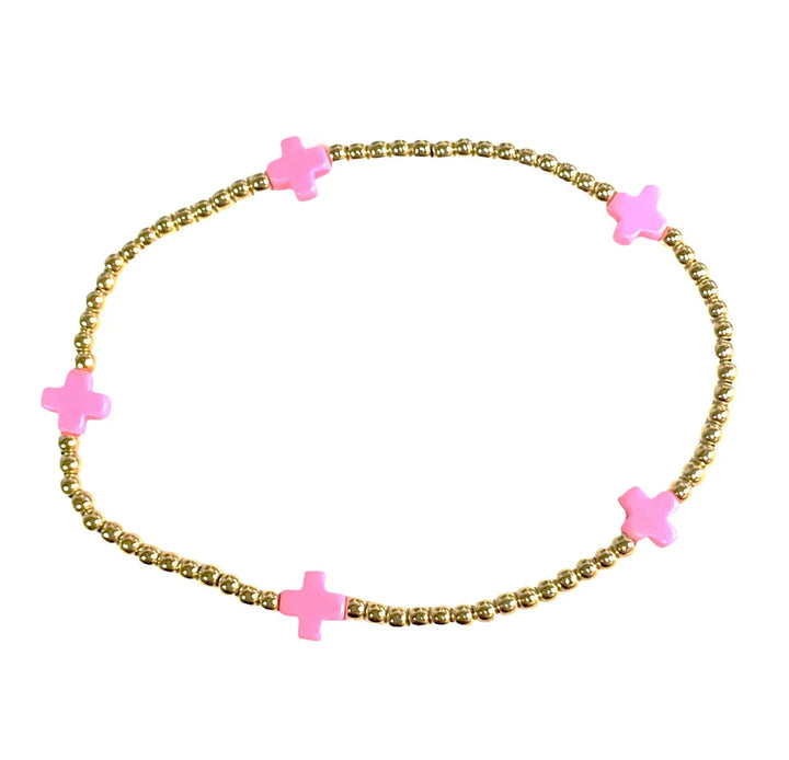 Enewton | Signature Cross Small Gold Pattern 2mm Bead Bracelet - Bright Pink