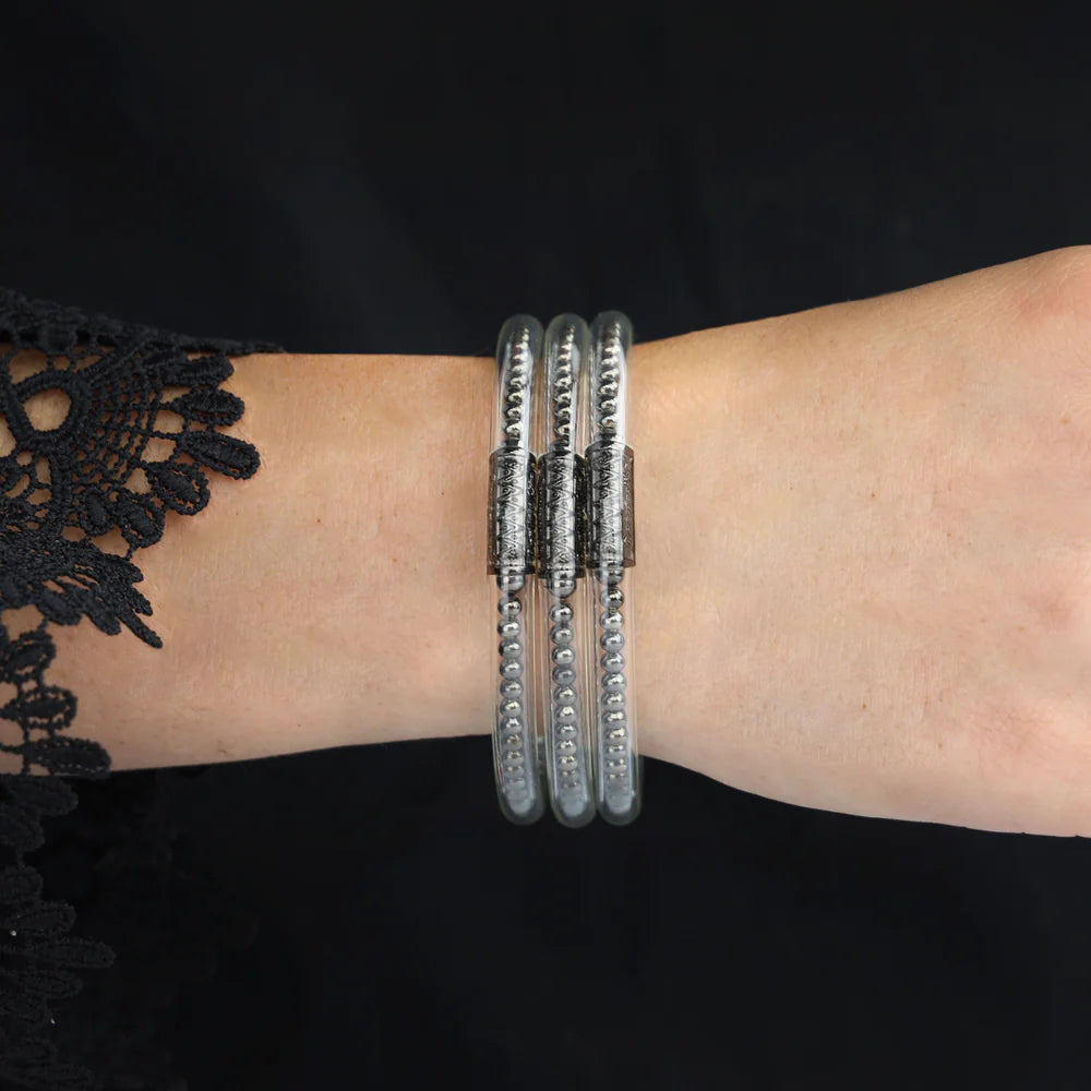 BuDhaGirl | Gunmetal BIBI All Weather Bangles® (Set of 3) - Serenity Prayer