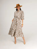 The Catherine Midi Dress in Field & Quail Brown on Green Stripe