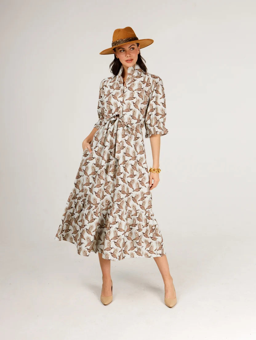 The Catherine Midi Dress in Field & Quail Brown on Green Stripe