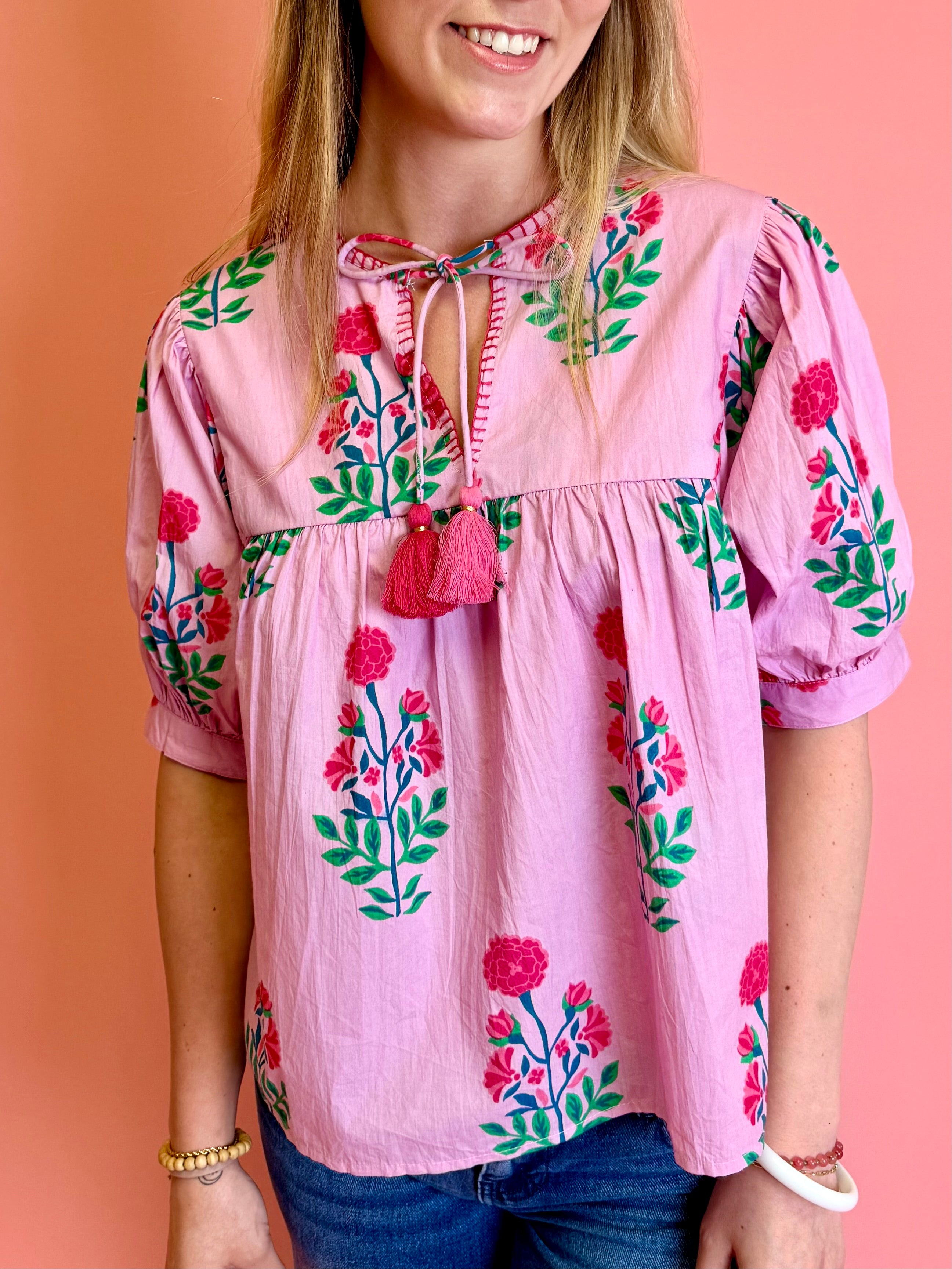 Long Sleeve Floral Pattern Pink Top