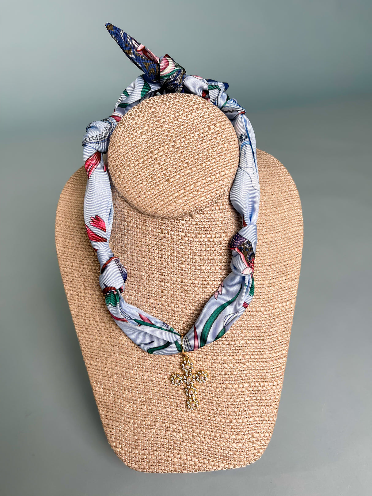 Gemelli | Custom Knotted Scarf Necklace with Pearl Cross Charm