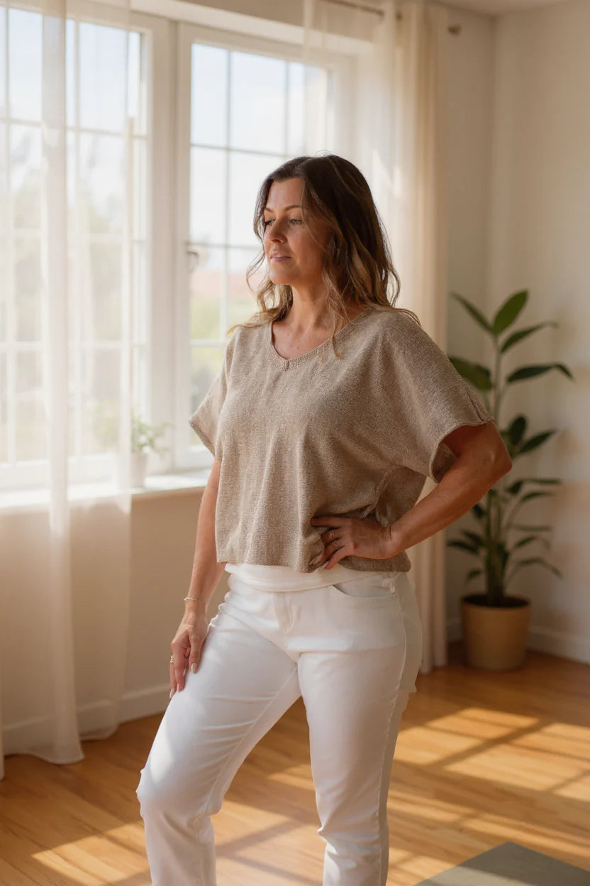 Short Sleeve V Neck Cotton Top Tan