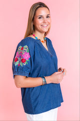 Rosie Lane Floral Sleeve Light Denim Top
