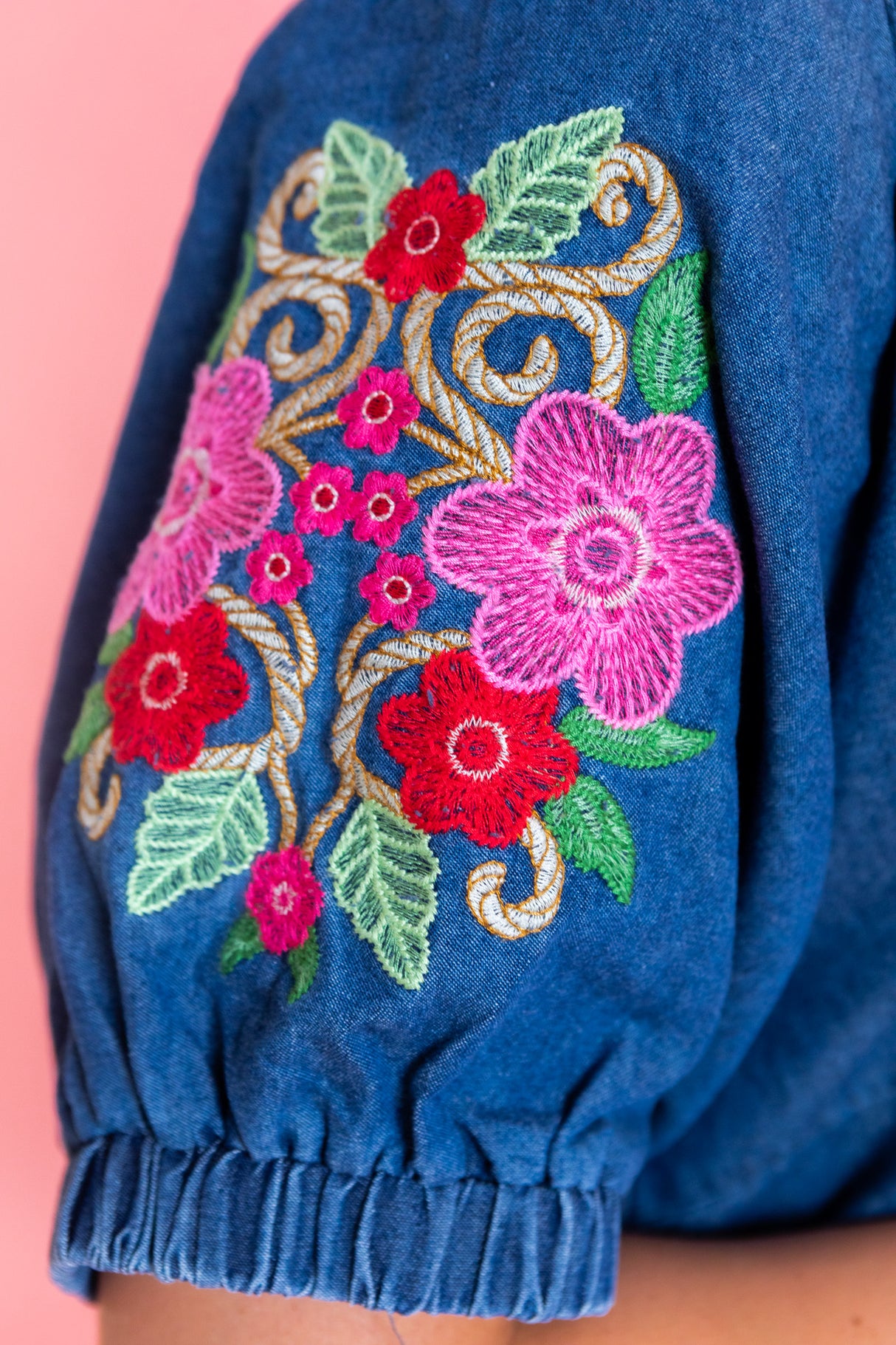 Rosie Lane Floral Sleeve Light Denim Top