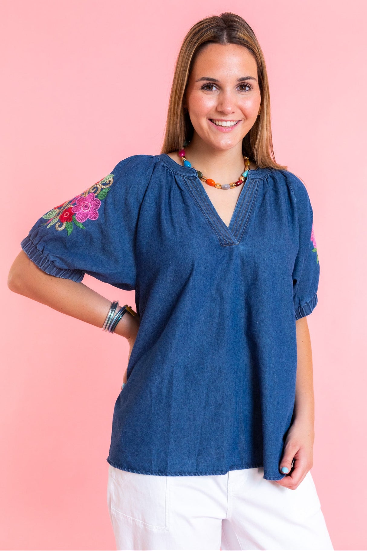 Rosie Lane Floral Sleeve Light Denim Top