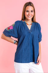 Rosie Lane Floral Sleeve Light Denim Top
