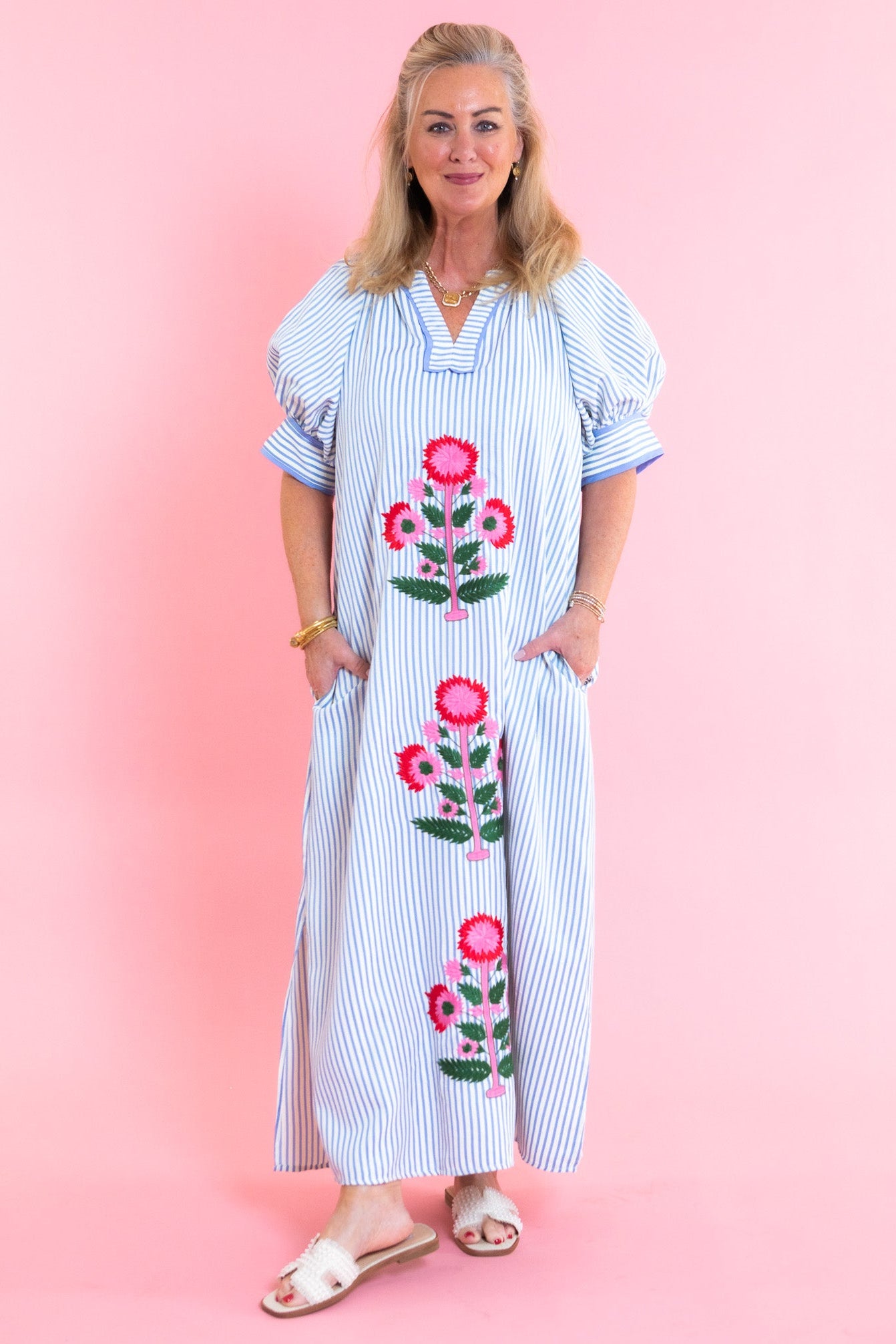 The Kylie Striped Embroidery Midi Dress The Kylie Striped Embroidery Midi Dress