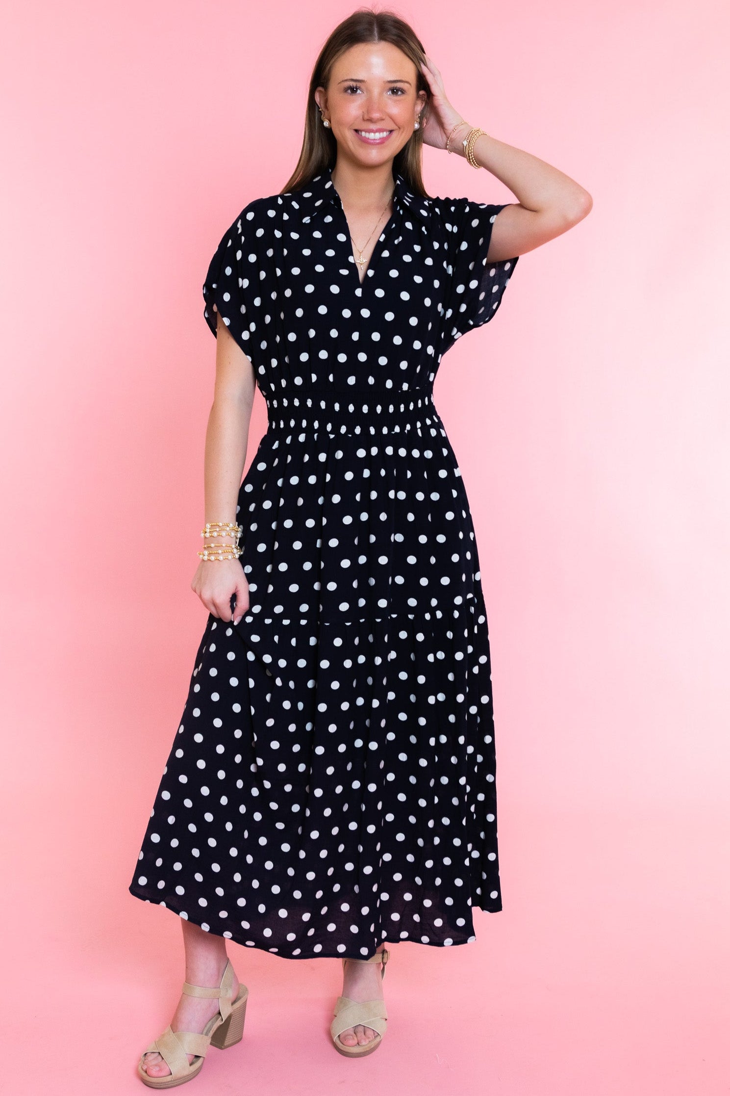 Midnight Charm Polka Dot Midi Dress