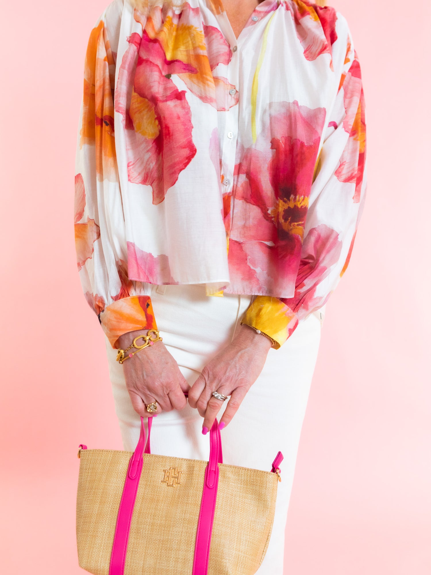 Caroline Hill | Georgie Mini Tote - Natural Hot Pink