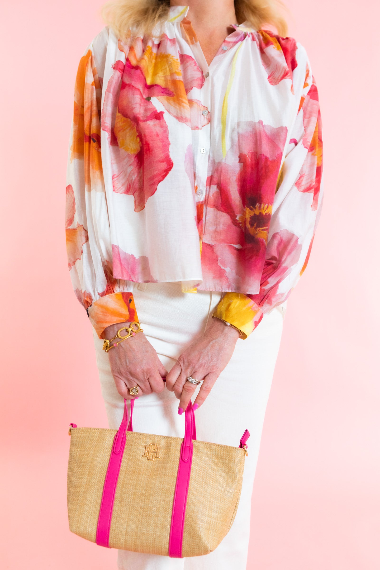 Caroline Hill | Georgie Mini Tote - Natural Hot Pink