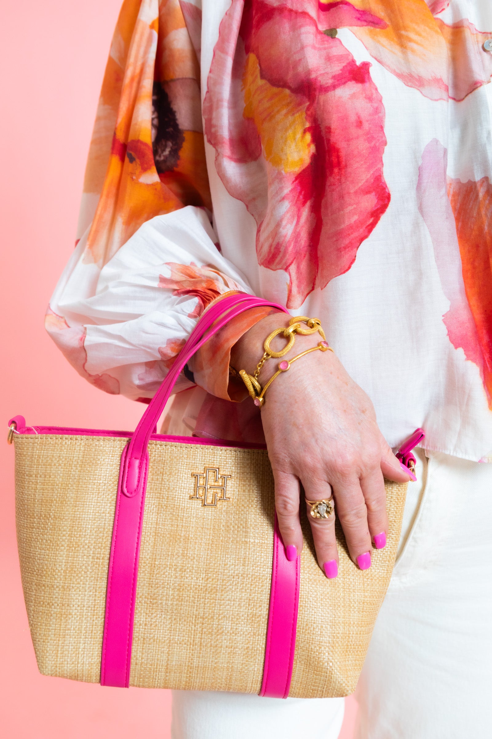 Caroline Hill | Georgie Mini Tote - Natural Hot Pink